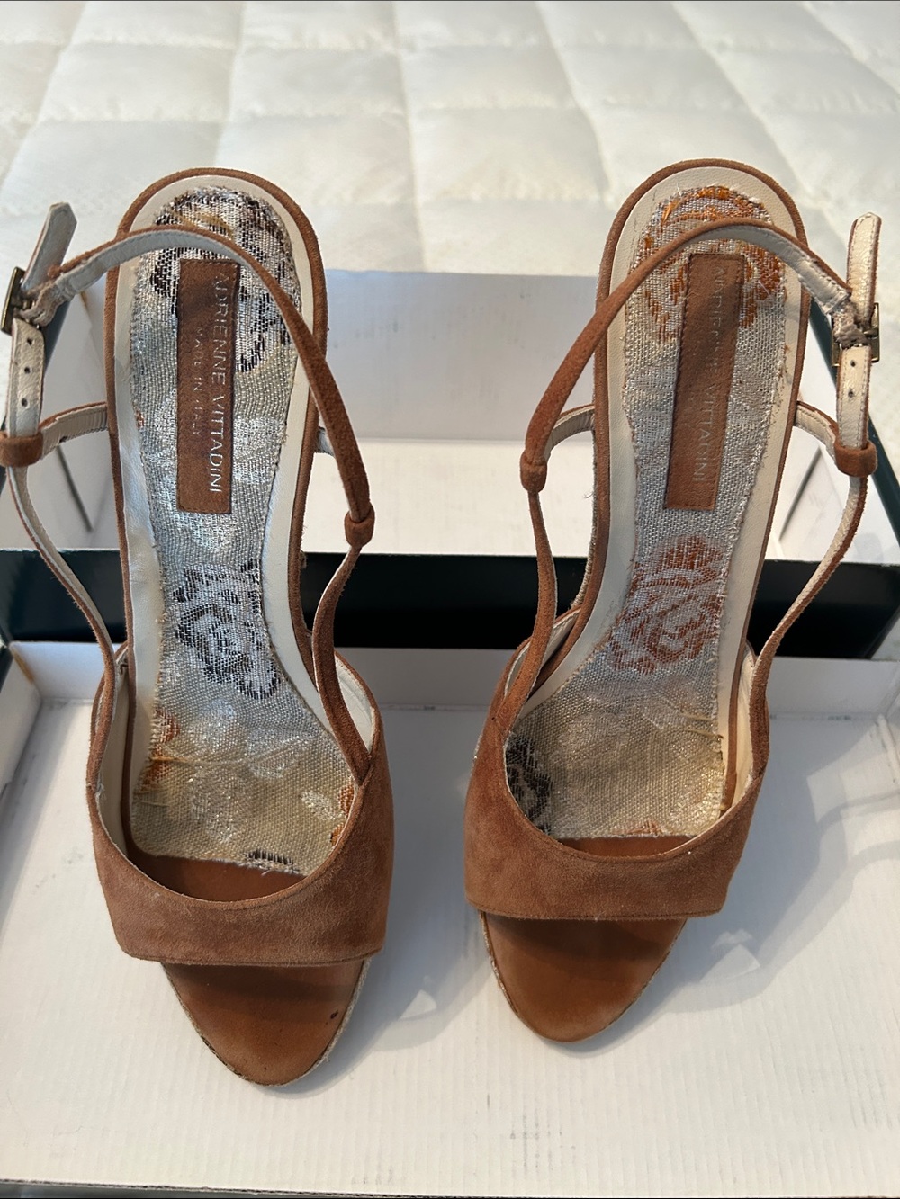 Adrienne Vittadini Made in Italy Tan Suede Wedge Slingback Sandals